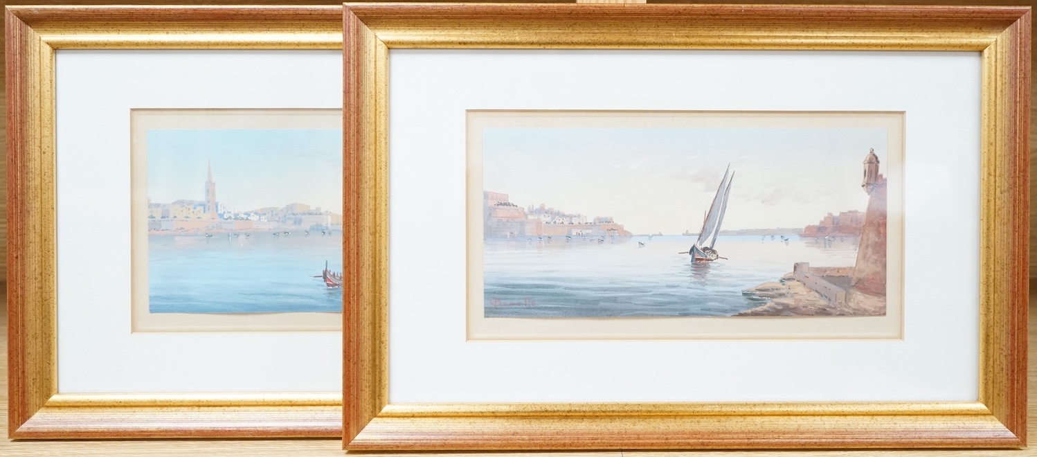 Joseph Bonello, Harbour scenes, Malta, signed, pair of watercolour and gouaches, 11 x 25cm